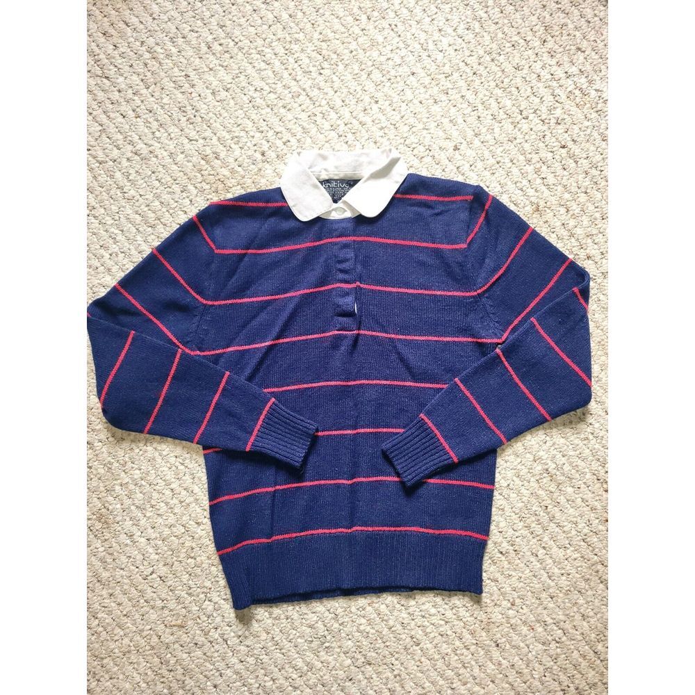 Vintage 70s Sweater Striped Collared Knit Knitivo‎ M Navy Red Button Up Preppy